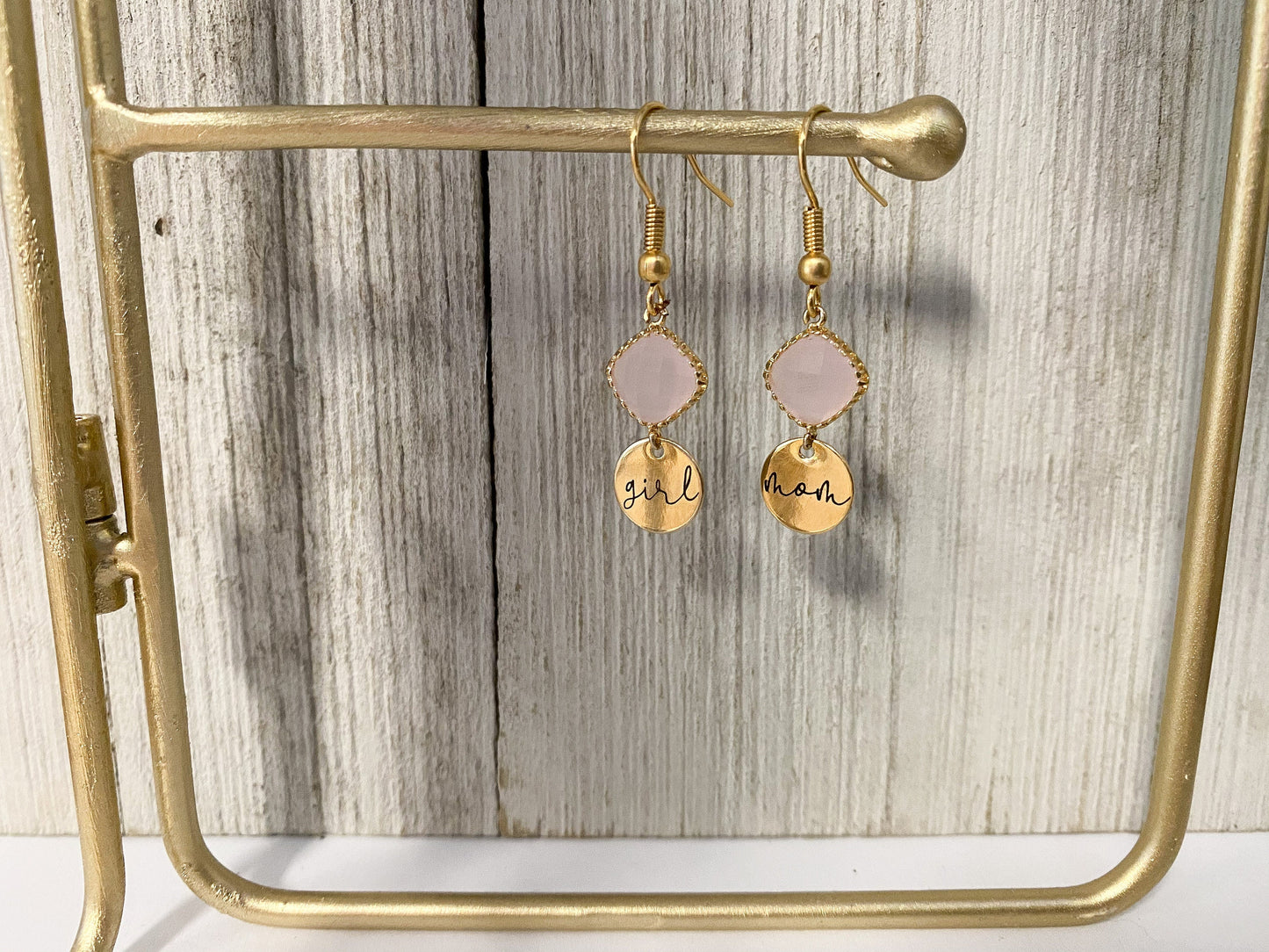 Engraved Girl Mom Earrings, Dainty Gold Earrings, Gift For Mom, New Mom Gift, Pink Gem Earrings, Opal Gemstone Earrings, Drop Earrings