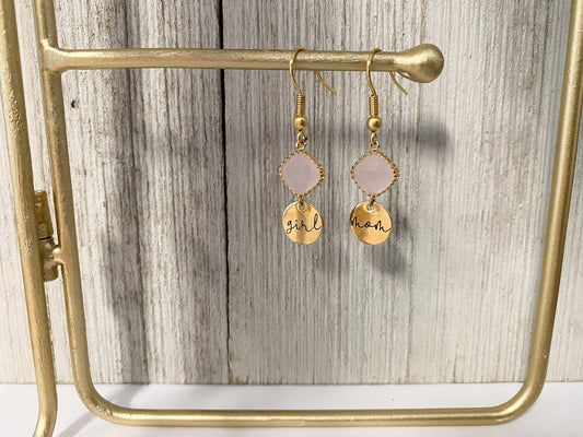 Engraved Girl Mom Earrings, Dainty Gold Earrings, Gift For Mom, New Mom Gift, Pink Gem Earrings, Opal Gemstone Earrings, Drop Earrings