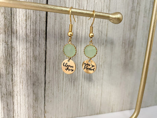 Bloom Where You're Planted Earrings, Dainty Gold Earrings, Gift For Her, Women's Birthday Gift, Drop Earrings, Green Gemstone Earrings