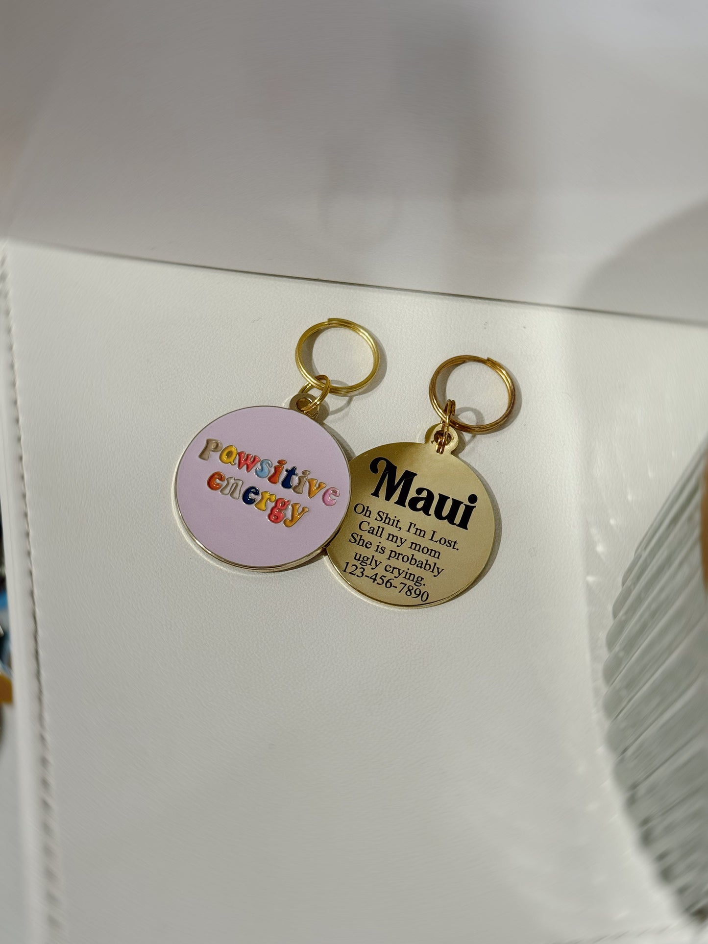 Custom Dog Tag Pink, Pawsitive Energy Pet Tag, Pink Dog ID Tag, Personalized Dog Collar Tag, Retro Dog Tag, Customizable Puppy Tag, Name Tag