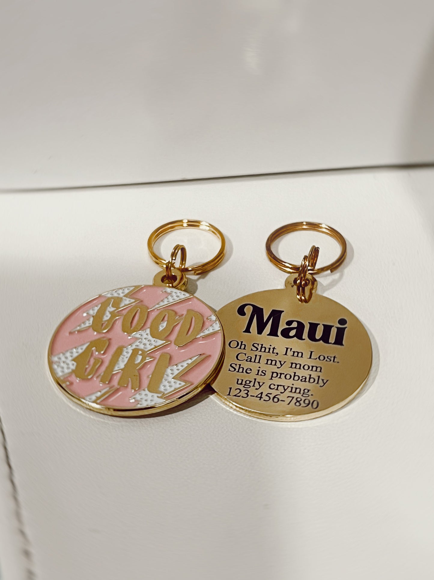 Custom Pink Good Girl Dog Tag with Gold Lightning Bolts, Stainless Steel Pet ID Tag, Personalized Metal Pet Tag, Laser Engraved Name Tag