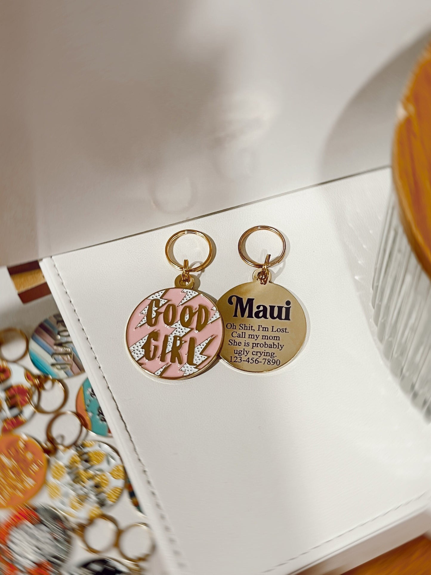 Custom Pink Good Girl Dog Tag with Gold Lightning Bolts, Stainless Steel Pet ID Tag, Personalized Metal Pet Tag, Laser Engraved Name Tag