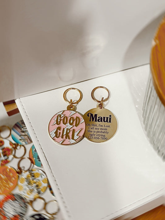 Custom Pink Good Girl Dog Tag with Gold Lightning Bolts, Stainless Steel Pet ID Tag, Personalized Metal Pet Tag, Laser Engraved Name Tag