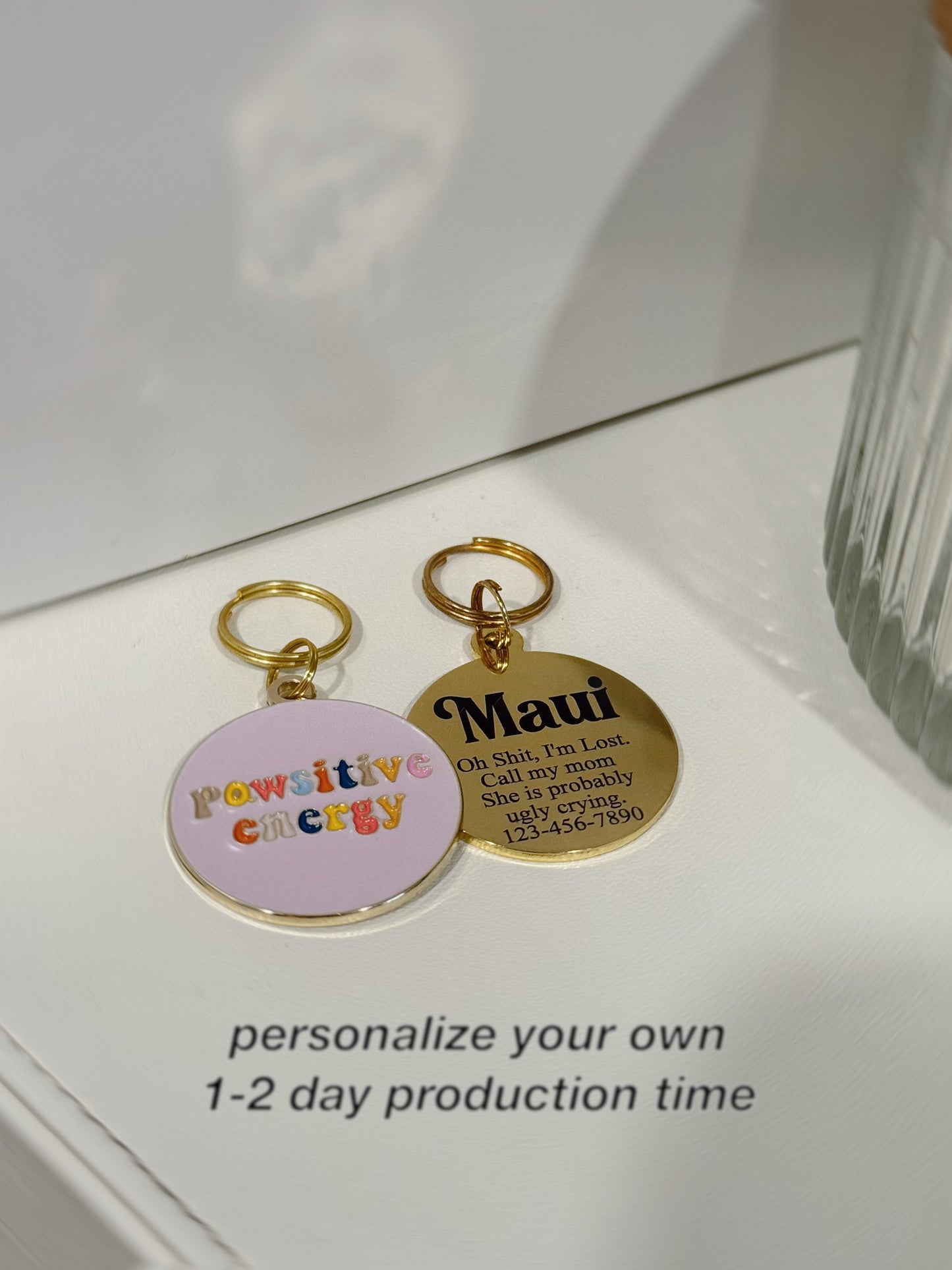 Custom Dog Tag Pink, Pawsitive Energy Pet Tag, Pink Dog ID Tag, Personalized Dog Collar Tag, Retro Dog Tag, Customizable Puppy Tag, Name Tag