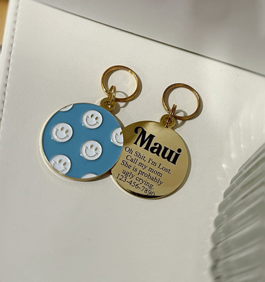 Custom Pet Tags, Blue Smiley Face Dog Tag, Dog Name Tag, Pet ID Tag, Personalized Dog Tag for Dogs, Engraved Dog Tag, Contact Info ID Tags