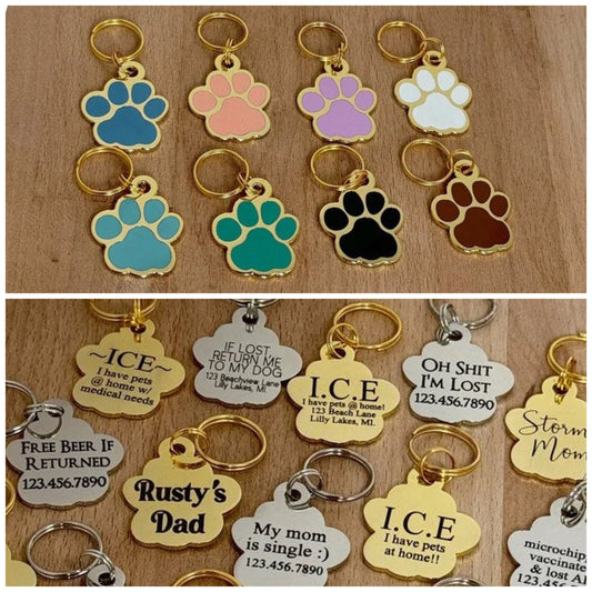 Custom Paw Print Pet Tag, Microchip Number Dog Tag, Dog Pet ID Tags, Medium Size ID Tag, Engraved Tag for Cats, Cat Collar Tag, Paw Keychain