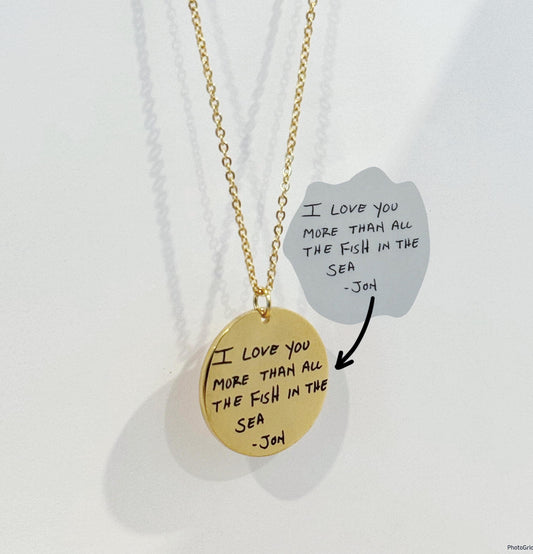 Personalized Gold Disc Necklace, Custom Engraved Handwriting Jewelry, Handwritten Name Necklace, Custom Gold Pendant, Unique Gift for Her
