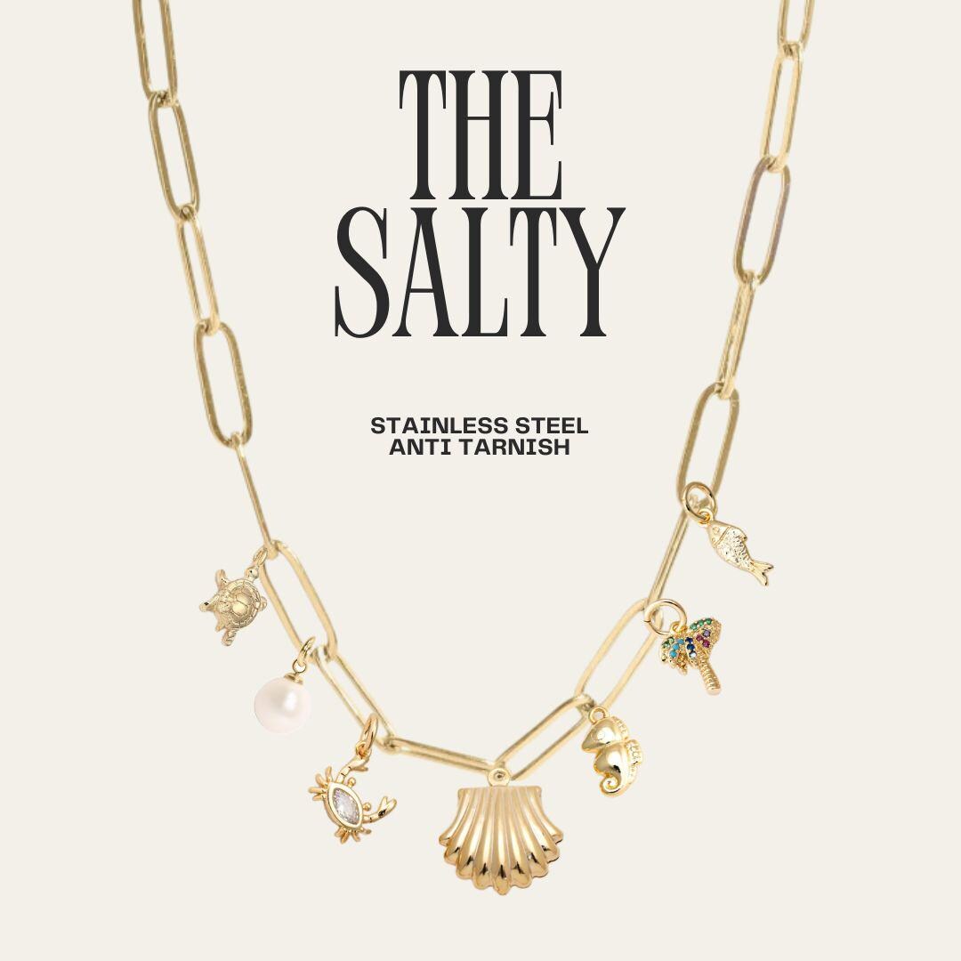 Salty Beach Charm Necklace, Beach Necklace, Seashell Jewelry, Gold Necklace, Layering Everyday Jewelry, Charm Necklace Chain, Gift For Her