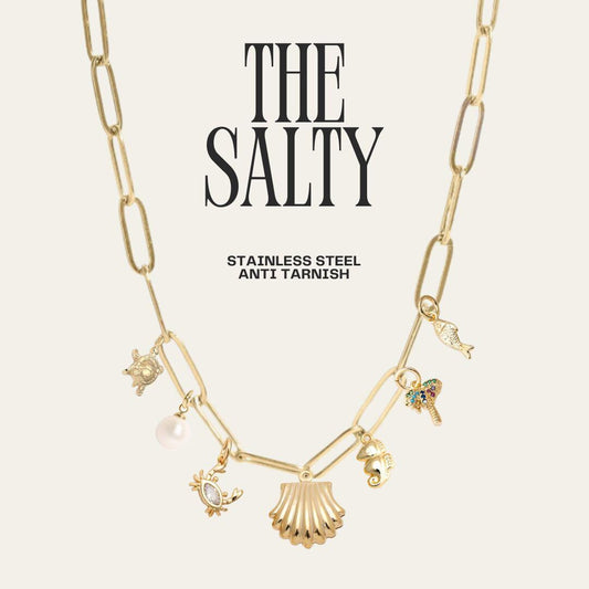 Salty Beach Charm Necklace, Beach Necklace, Seashell Jewelry, Gold Necklace, Layering Everyday Jewelry, Charm Necklace Chain, Gift For Her